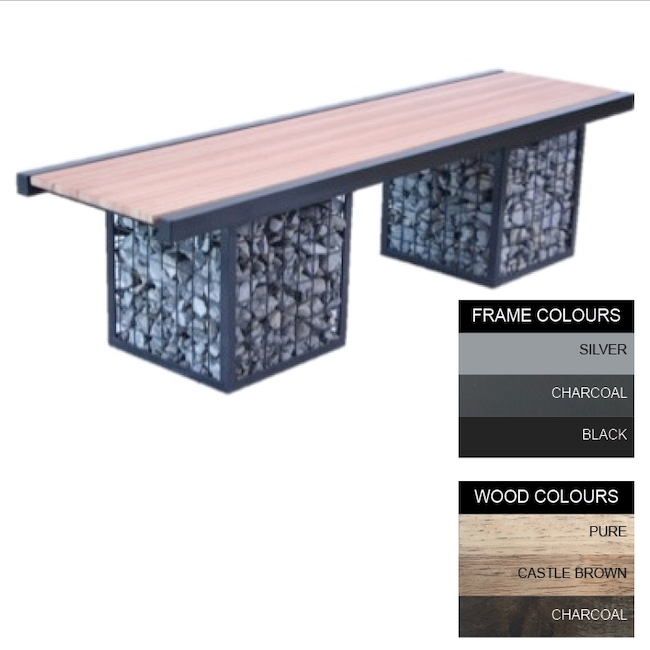 SW gabion bench, similar to bench, wood bench, outdoor bench from obbligato.