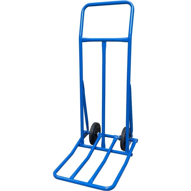 Supplywise folding nose trolley similar to the Castor and Ladder blue steel folding nose trolley with solid rubber wheels, 220kg capacity.