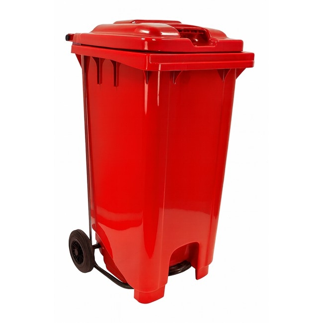 Supplywise 240L foot pedal bin similar to the Castor And Ladder red 240l foot-operated pedal bin with wheels, made of durable plastic.