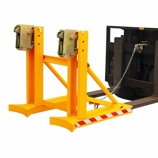 Supplywise Double Drum Handling Equipment similar to the Makro yellow steel double drum grab with 720kg load capacity for forklifts.