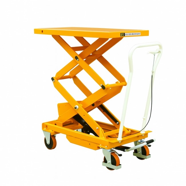 Supplywise manual scissor lift table 500kg similar to the Trojan Trolley yellow manual scissor lift table with 500kg capacity and steel frame.