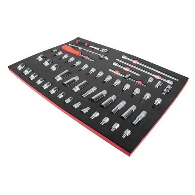 Supplywise Metric 3/8 inch ratchet and socket set with foam inlay similar to the Sa Ladder 50-piece 3/8" metric socket set in red foam drawer inlay.