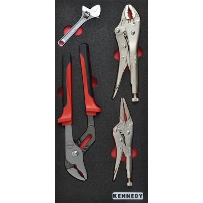 Supplywise 4-piece wrench set with foam inlay for tool chests similar to the Sa Ladder four-piece grip spanner set in black/red foam tool chest inlay.