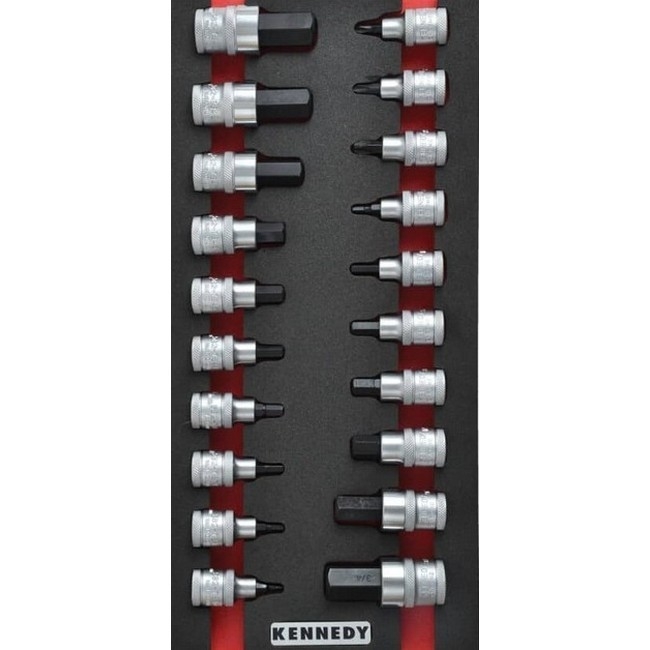 Supplywise 20 piece screwdriver bit socket set with foam inlay for tool cabinets similar to the Chamberlains 20-piece chrome vanadium bit and socket set in red/black foam inlay.
