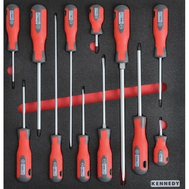 Supplywise 12-piece screwdriver set with foam inlay for tool chests similar to the Sa Ladder 12-piece screwdriver set in 2/3-width foam inlay with red underlay.
