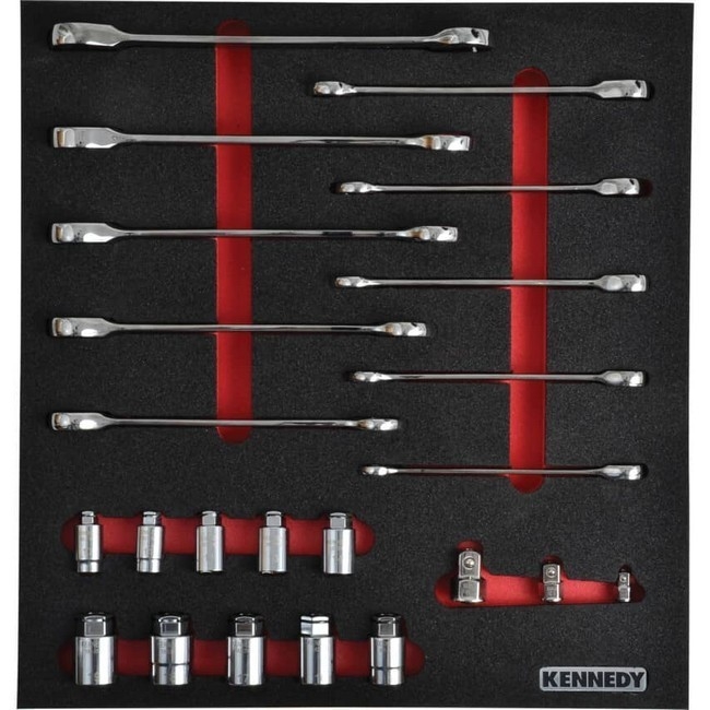 Supplywise 23-piece metric ratchet spanner and socket set similar to the Leroy Merlin 23-piece metric ratchet spanner and socket set with foam inlay