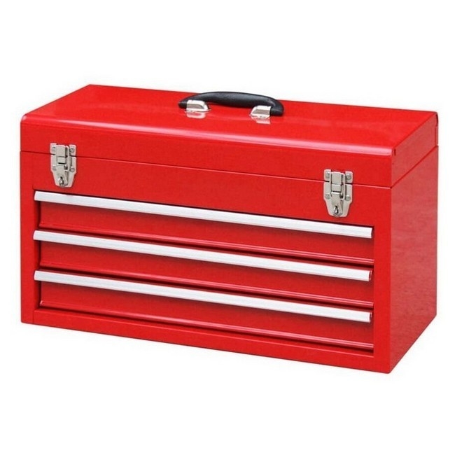 Supplywise portable 3-drawer steel tool chest similar to the Caslad red heavy-duty lockable 3-drawer steel tool chest with carry handle