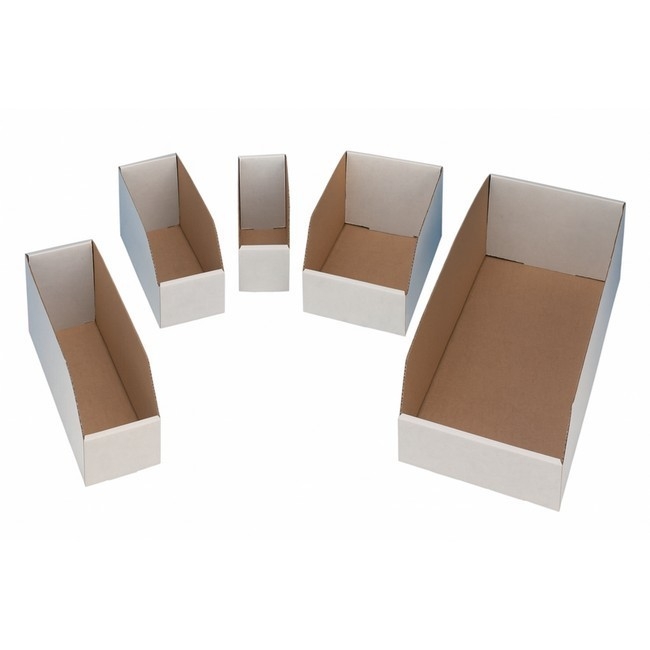 Supplywise cardboard storage bins with writable panel similar to the Cashbuild white corrugated storage bins with writable panels, 50 pack