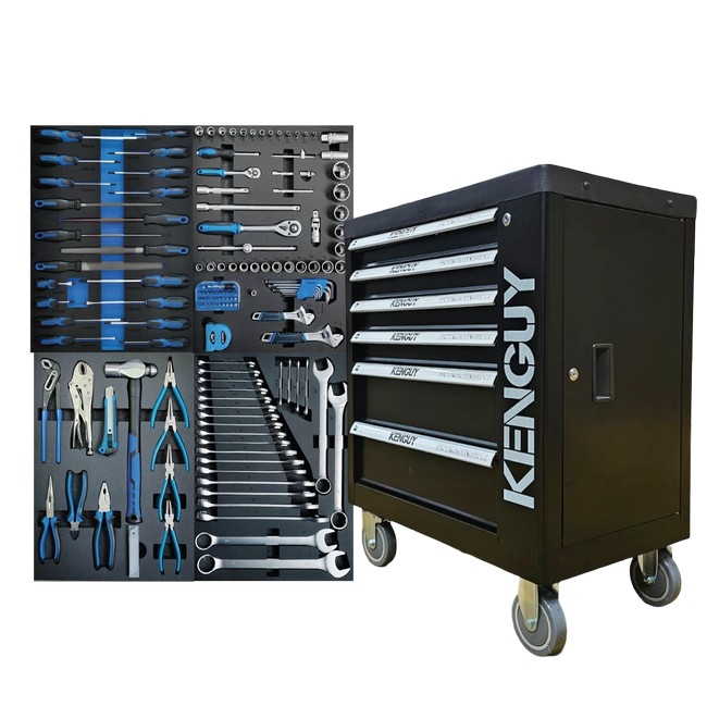 Supplywise 6-drawer roller tool cabinet 155-piece tool set similar to the Caslad black and blue 6-drawer steel roller tool cabinet with 155 tools.