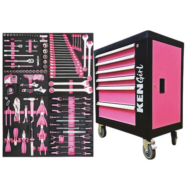 Supplywise 155-piece roller cabinet tool set similar to the Caslad pink six-drawer steel roller tool cabinet with 155-piece set.