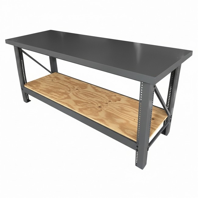 Supplywise heavy-duty steel-top workbench with bottom shelf 193 x 61 cm similar to the Chamberlains grey steel-top workbench with wooden lower shelf, 193 x 61 cm