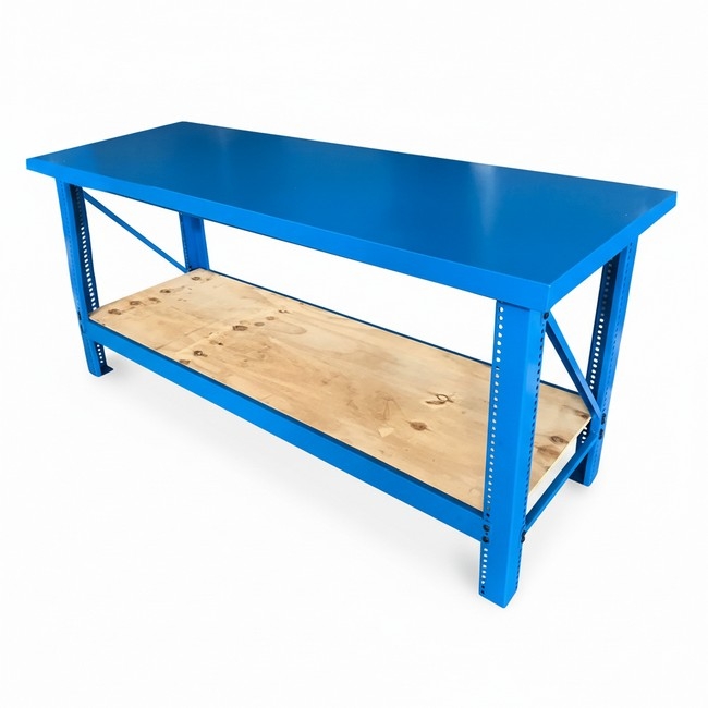 Supplywise heavy-duty steel workbench with lower shelf similar to the Buco blue heavy-duty steel workbench with wooden lower shelf