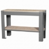 Supplywise steel frame workbench with wood top and shelf similar to the Castor And Ladder grey steel-frame workbench with wooden top and lower shelf.