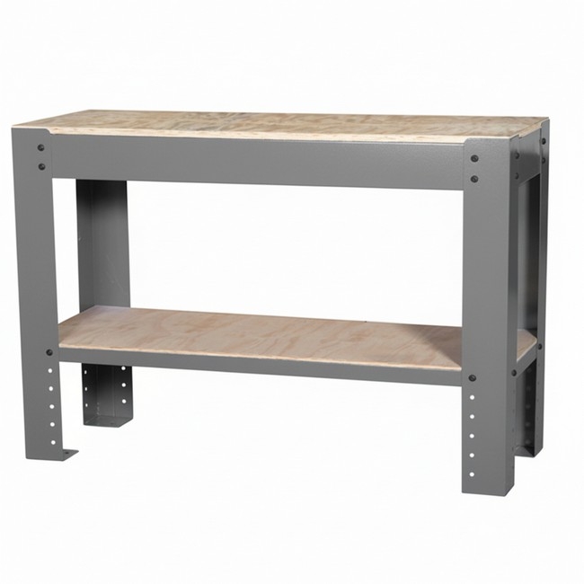 Supplywise steel frame workbench with wood top and shelf similar to the Castor And Ladder grey steel-frame workbench with wooden top and lower shelf.